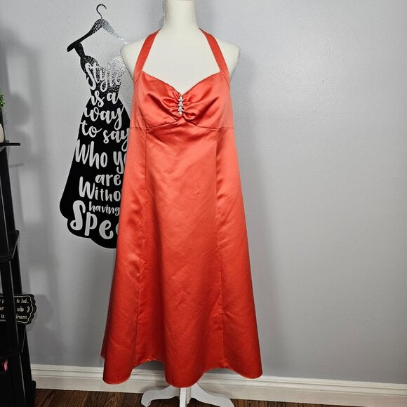 David's Bridal Halter Embellished A-Line Full Tangerine Midi Bridal Prom Gown - Picture 1 of 9
